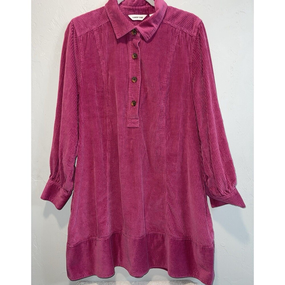 Lands End Long Sleeve Wide Wale Cord Popover Shirt Dress Raspberry PL 14/16